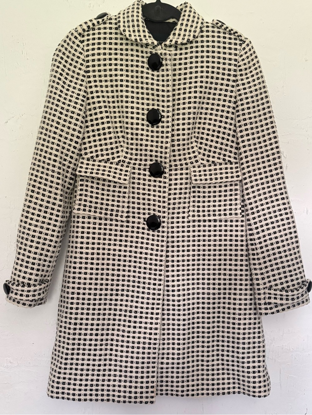 Banana Republic Black and White Checked Wool-Blend Long pea coat